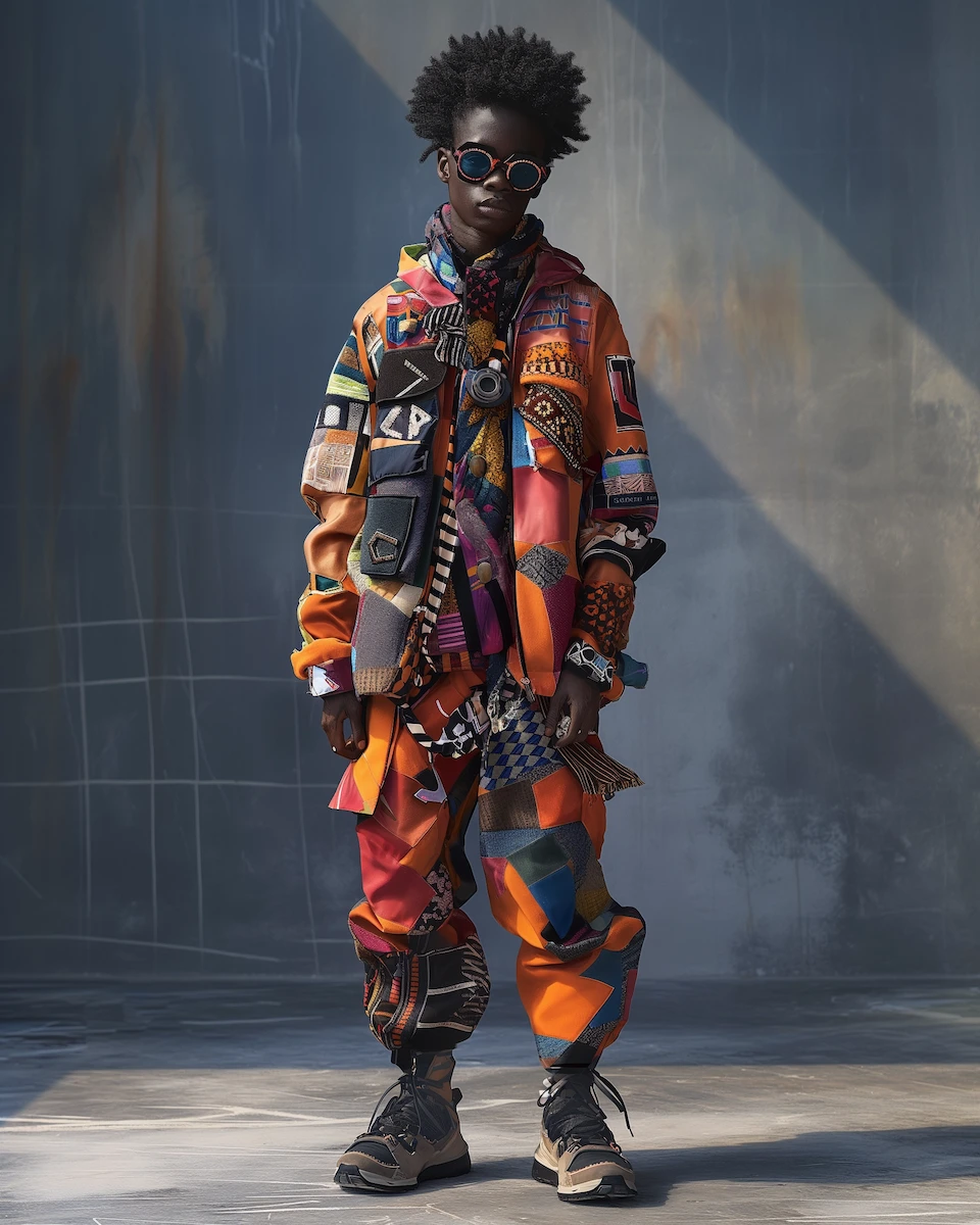 A model wearing Afro-Futurist Expression fashion, drawing on the Afro-futurism movement.
